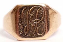 9ct gold signet ring, the square shaped panel engraved with a monogram, hallmarked Birmingham