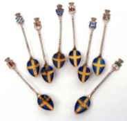 Harlequin set of eight Swedish white metal coffee spoons with enamelled detail, stamped "925", 83gms