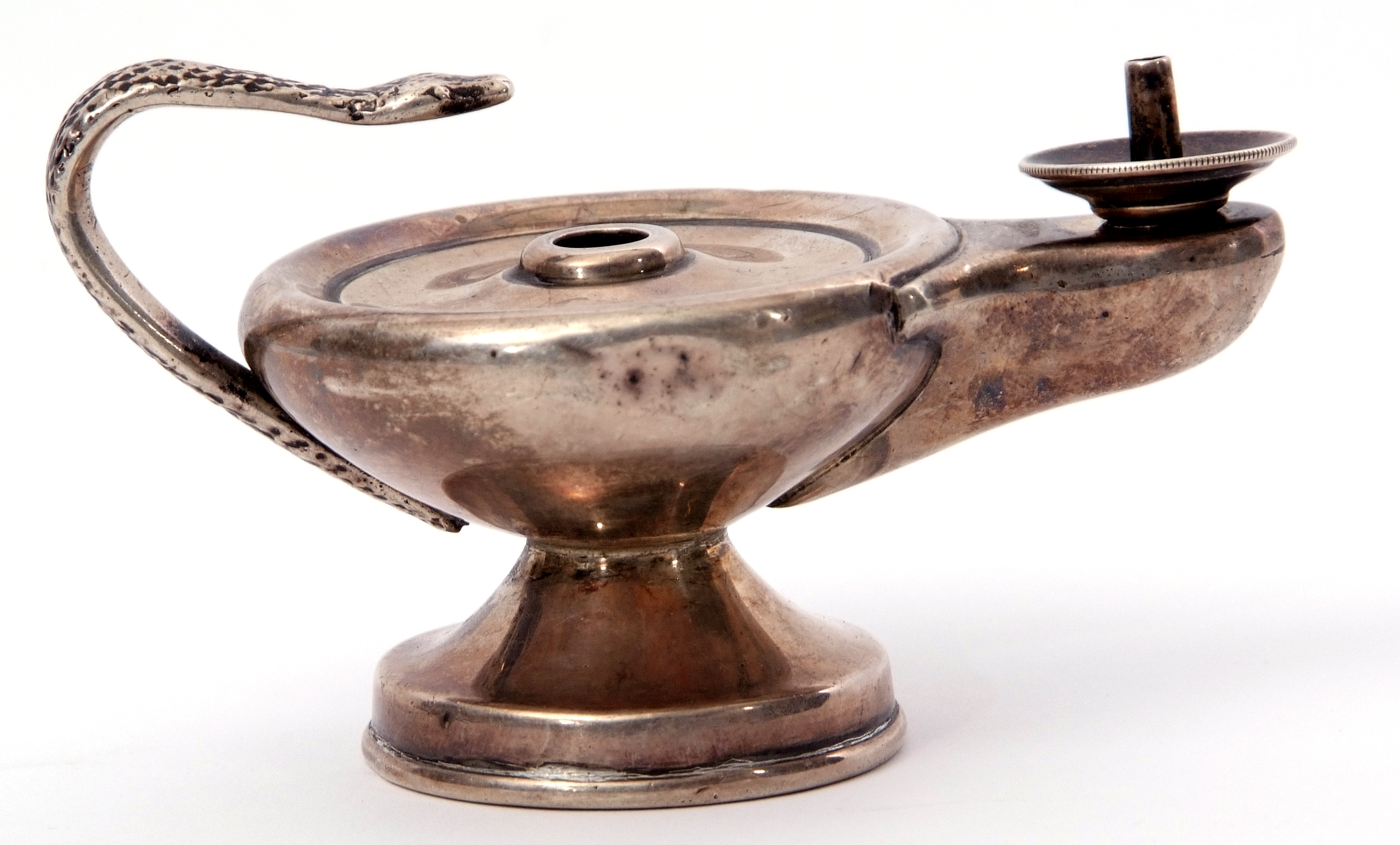 Edward VII silver table lighter in the form of an Aladdin lamp with circular base, serpent handle, - Image 2 of 2