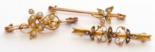 Mixed Lot: 9ct stamped seed pearl floral brooch, together with two yellow metal and seed pearl