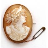 Vintage carved shell cameo brooch, depicting head and shoulders profile of a classical lady, in a