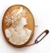 Vintage carved shell cameo brooch, depicting head and shoulders profile of a classical lady, in a