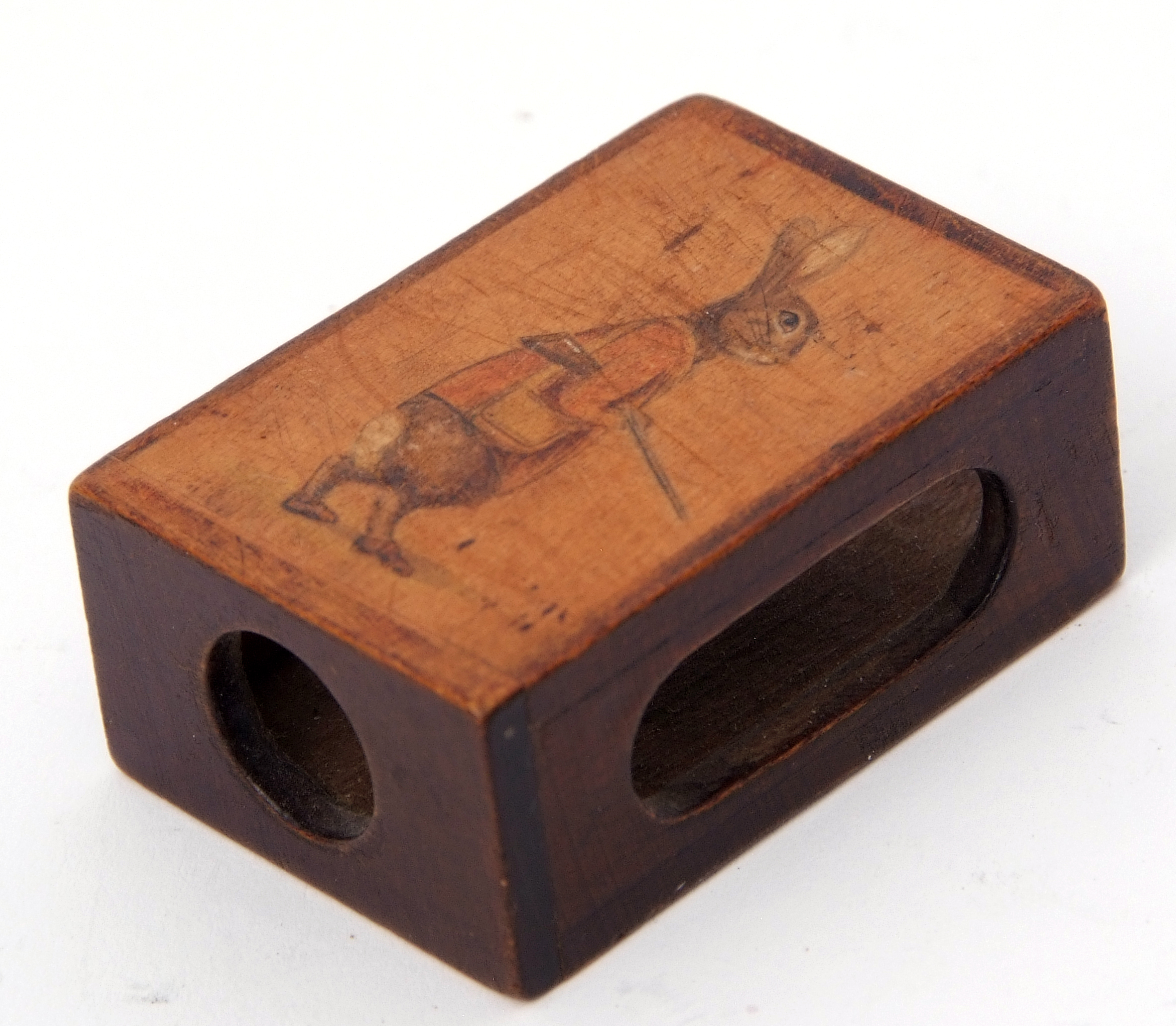 Early 20th century treen matchbox holder, the front painted with an image of a gamekeeper rabbit - Image 2 of 2