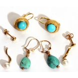 Mixed Lot: pair of 750 stamped turquoise set earrings, the circular cabochon turquoises bezel set on