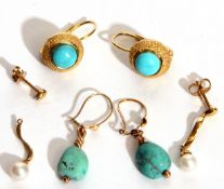 Mixed Lot: pair of 750 stamped turquoise set earrings, the circular cabochon turquoises bezel set on