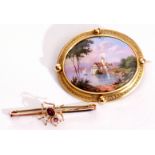 Mixed Lot: antique hand painted oval brooch depicting a lake and chateau, Swiss scene, the verso