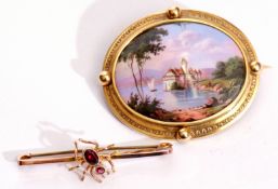 Mixed Lot: antique hand painted oval brooch depicting a lake and chateau, Swiss scene, the verso