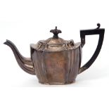 Late Victorian tea pot of shaped oval design with fluted corners, angular ebonised handle, inscribed