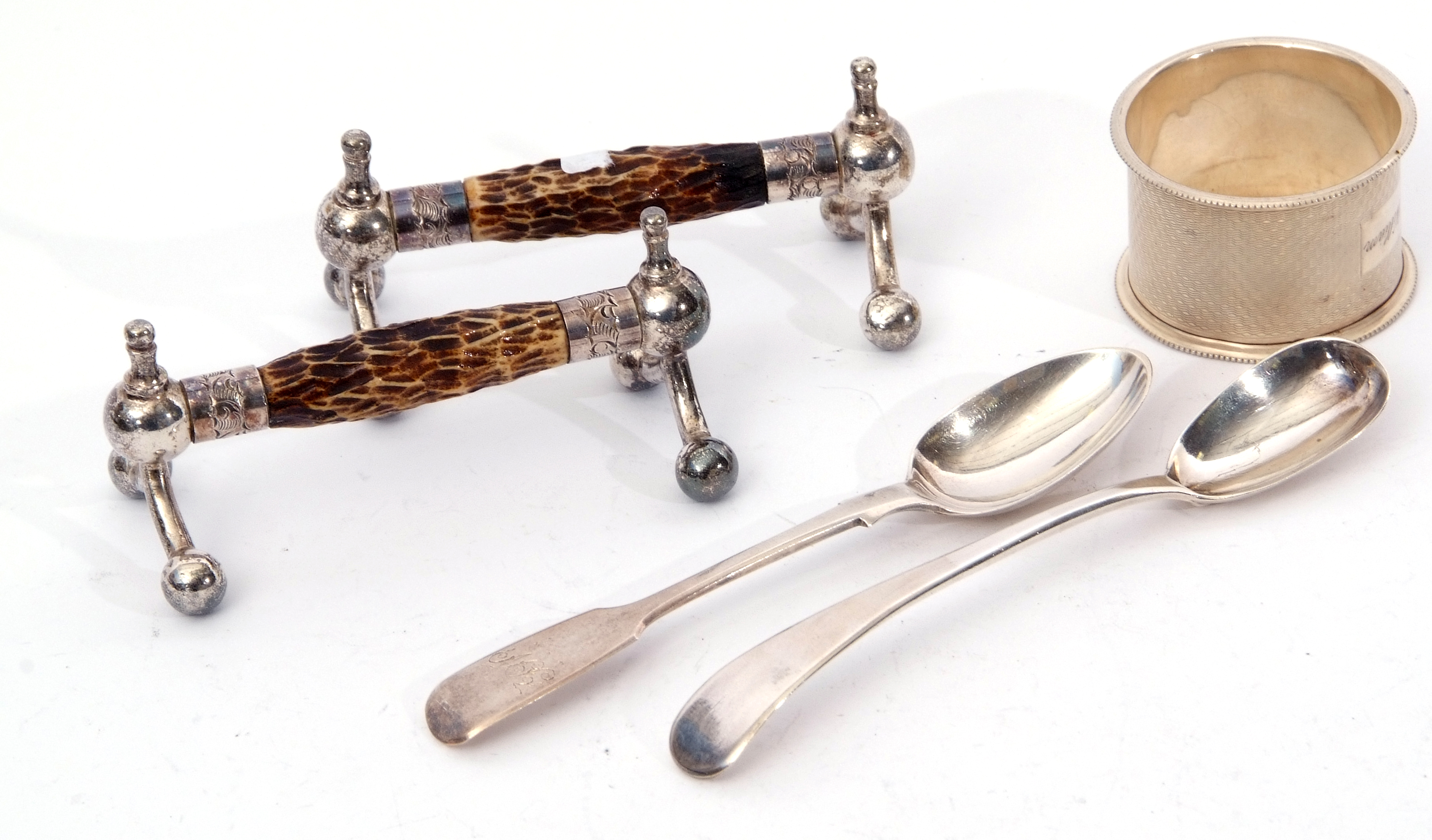 Mixed Lot: single engine turned serviette ring, Birmingham 1949, a Victorian tea spoon, a Georgian