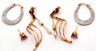 Mixed Lot: pair of 9ct stamped musical note style earrings highlighted with small blister pearls,