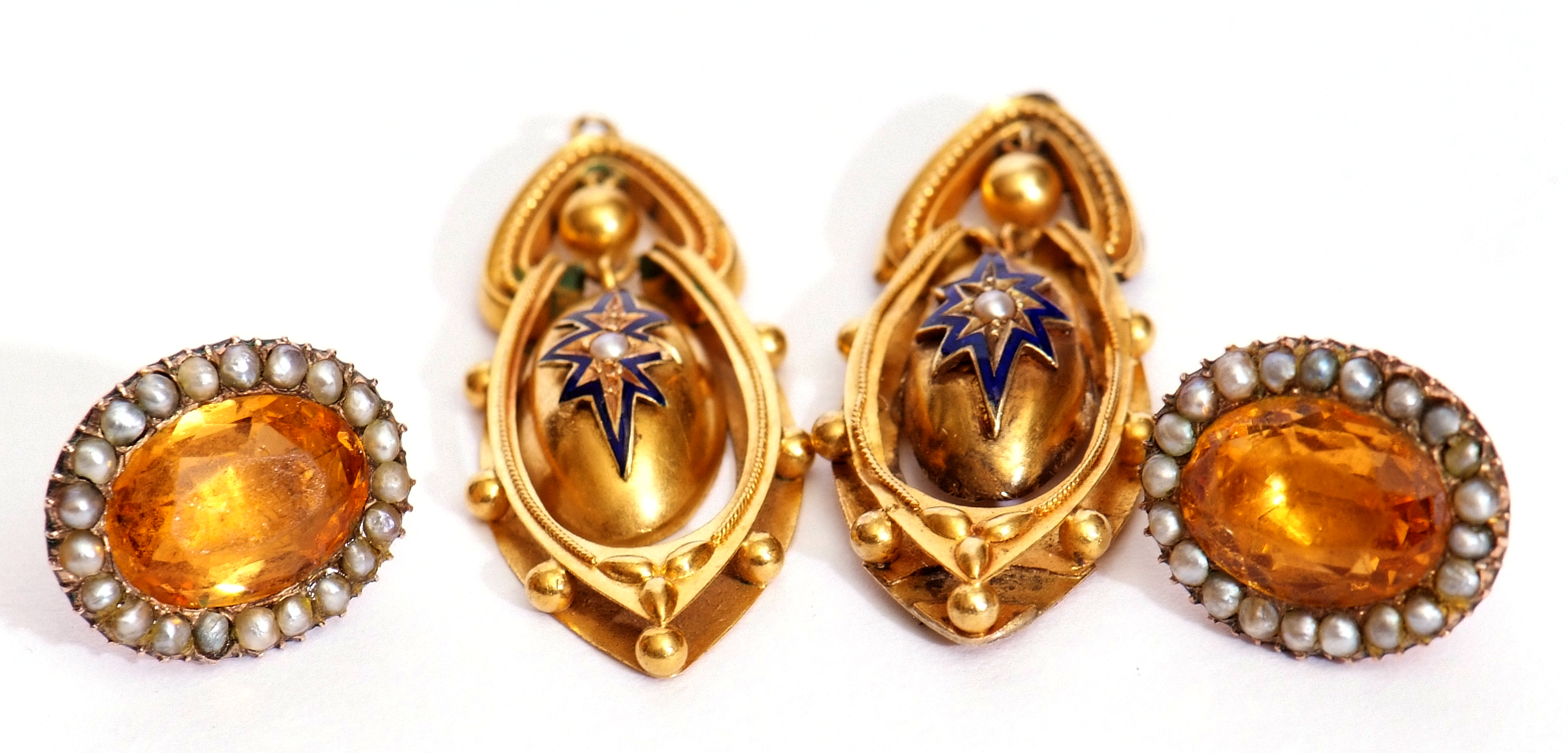 Mixed Lot: pair of antique gilt metal and enamel earrings and a pair of citrine and seed pearl