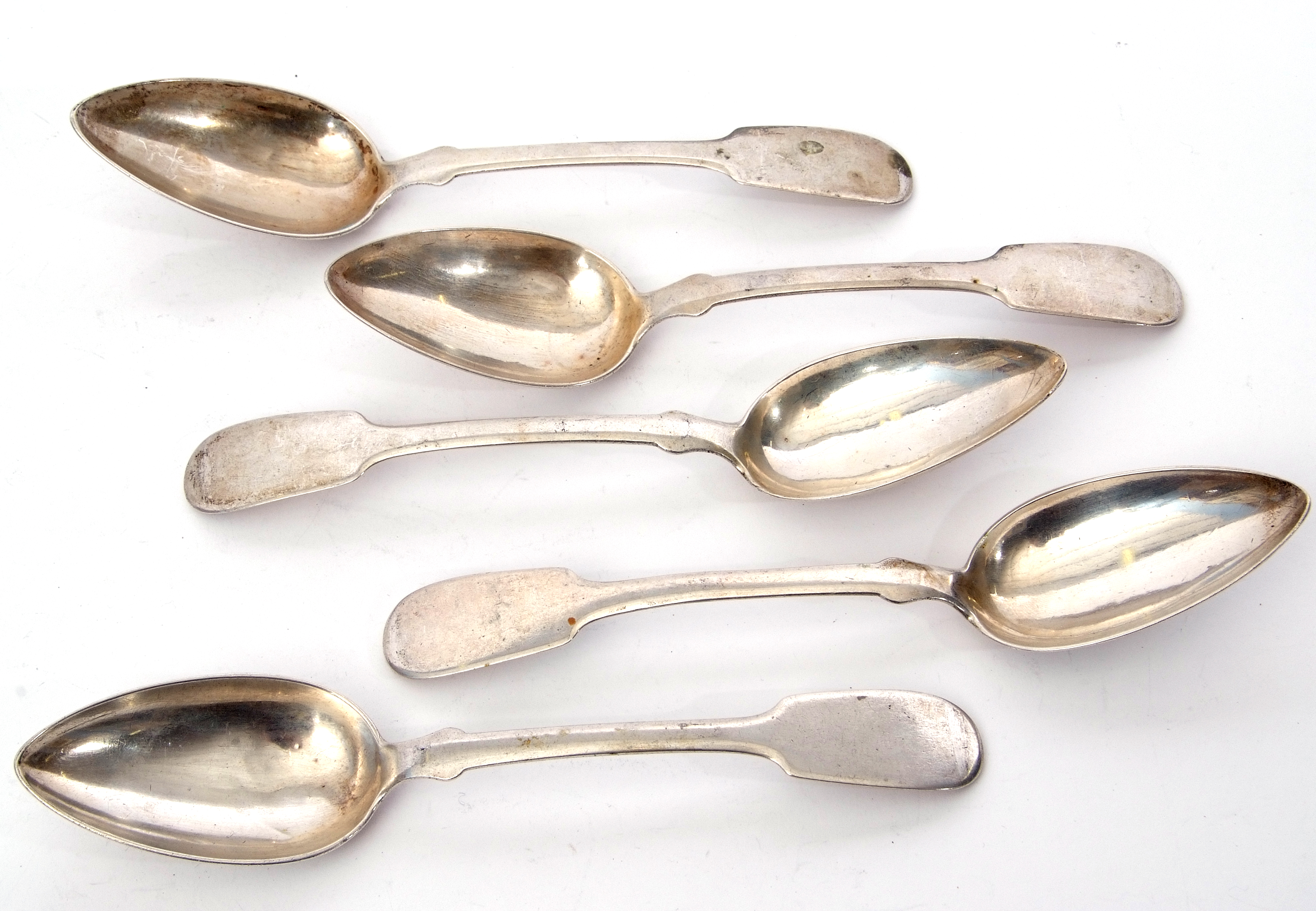 Set of five mid-19th century German white metal table spoons in Fiddle pattern, stamped "L Posen"