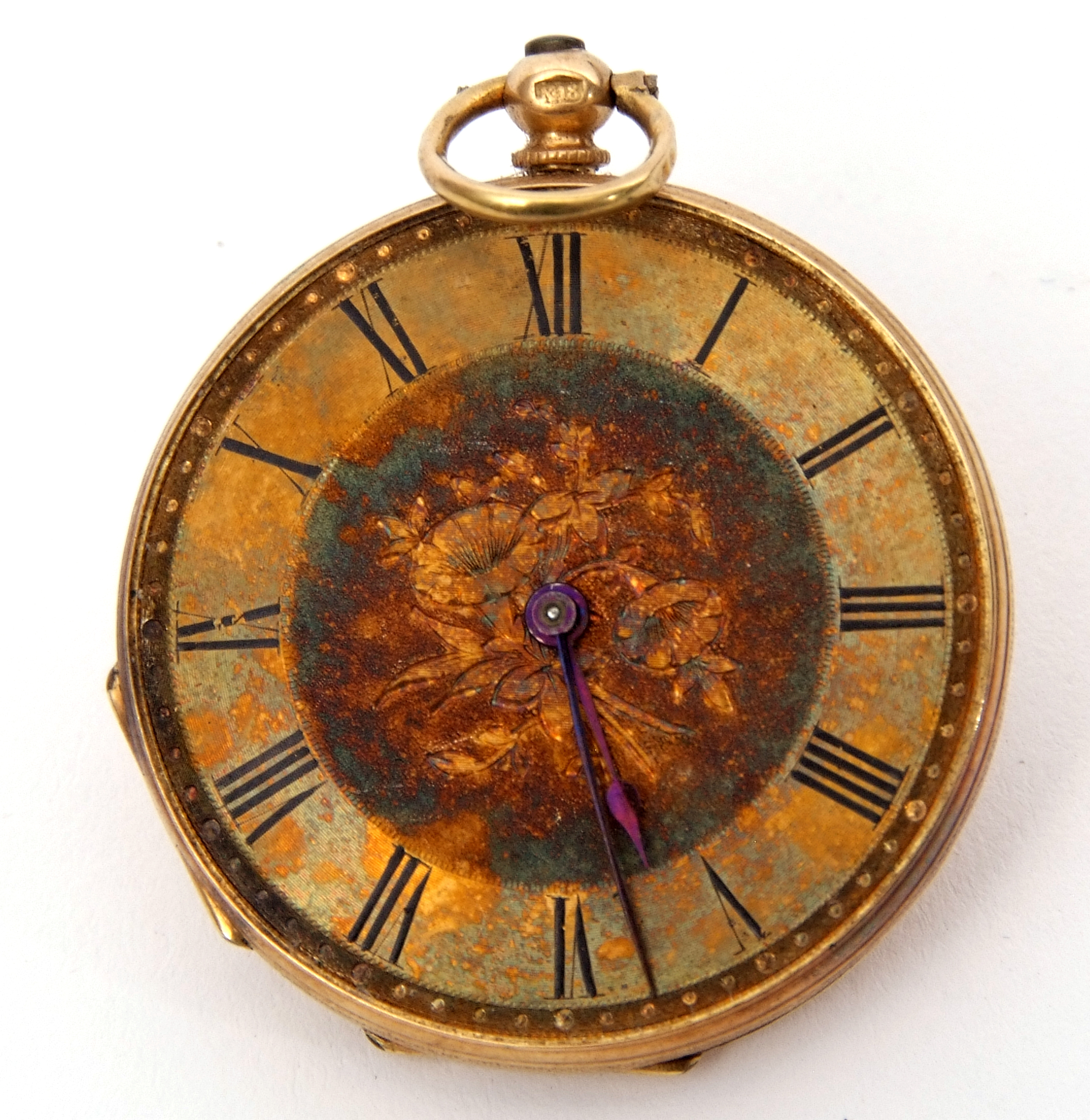 Last quarter of 19th century Continental high grade yellow metal cased fob watch with blued steel