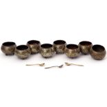 Set of six, probably Middle Eastern, low grade white metal salts with Niello and gilt decoration,