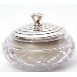 George VI silver lidded dressing table powder bowl in Art Deco style, the hobnail cut glass base