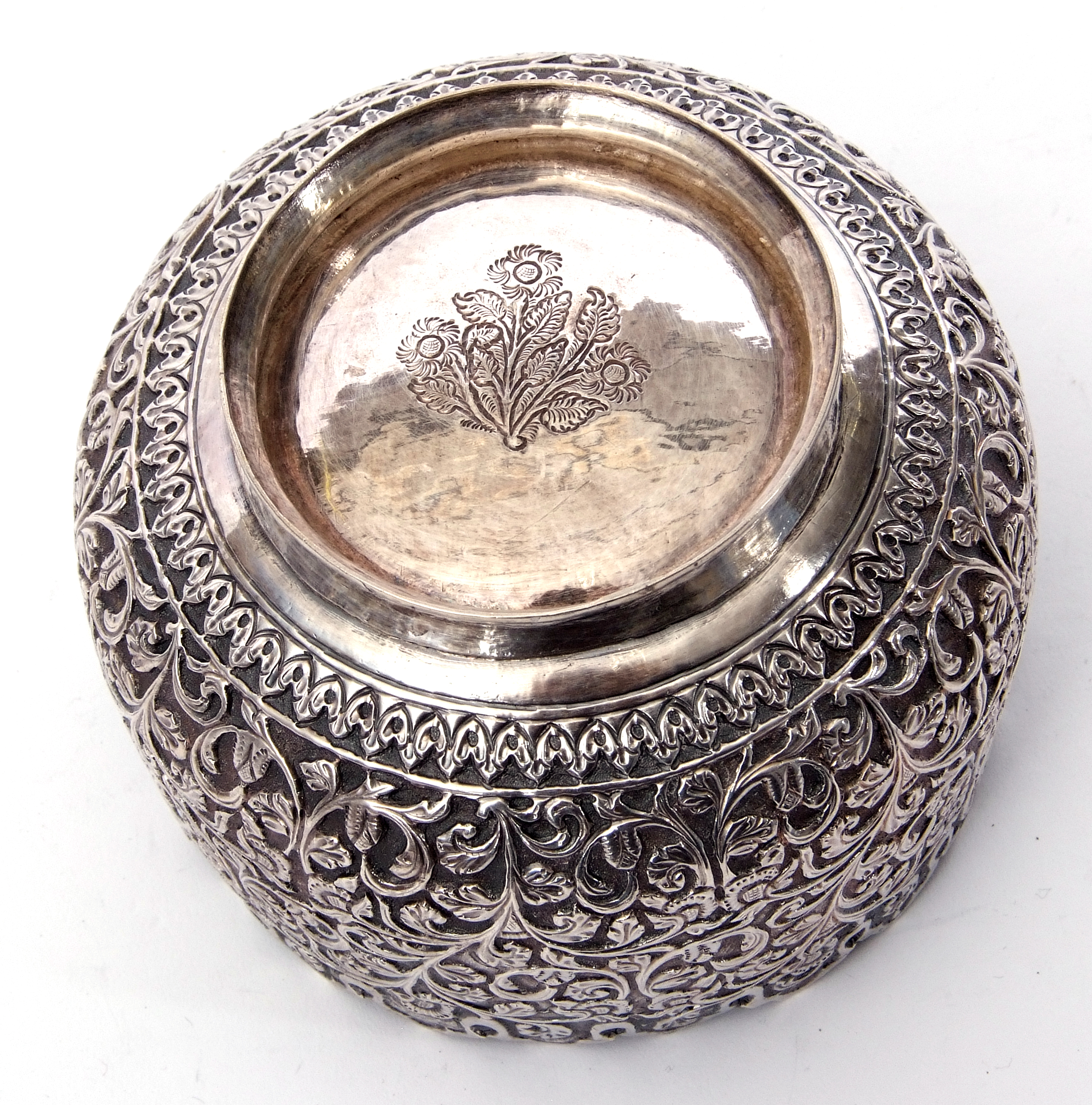 Indian white metal small jardiniere, pierced and embossed with floral and foliate design, plain - Image 3 of 3