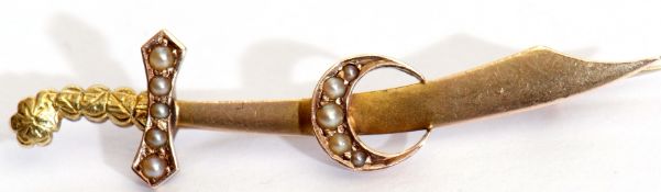 Vintage scimitar sword brooch, highlighted with small seed pearls, with textured and burnished
