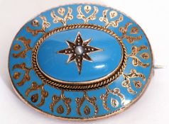 Victorian gold and turquoise target brooch, the centre a seed pearl star engraved setting with a