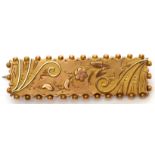 Victorian 9ct gold two-tone rectangular brooch of foliate and scrolled design with beaded