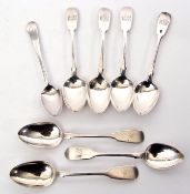 Mixed group of mainly Victorian tea spoons in Fiddle pattern including five London 1845 and two