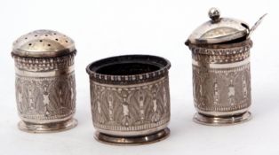 Middle Eastern three piece white metal small condiment set comprising mustard and spoon, salt with