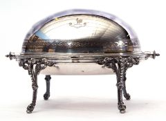 Victorian silver plated bacon dish revolving lid and fitted interior with drainer tray, raised on