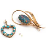 Mixed Lot: 9ct stamped opalescent scroll brooch, together with a 375 stamped turquoise and seed