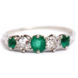 Precious metal emerald and diamond five-stone ring, alternate set with 3 graduated emeralds and 2