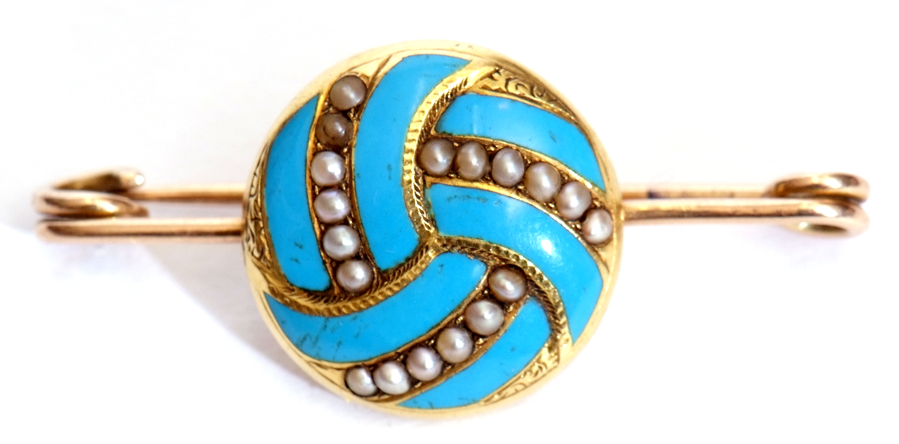 Antique turquoise enamel and seed pearl pin brooch, the circular panel with sections of turquoise