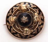 Antique black enamel inlaid circular mourning brooch, the domed centre with small seed pearl