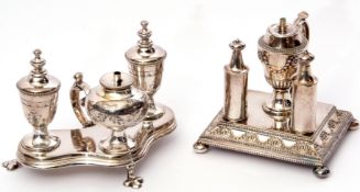 Early 20th century silver plated triple table lighter, the base of lobed design with three vase