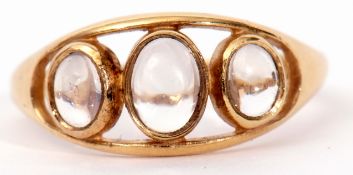 Moonstone ring, stamped 750, featuring three oval cabochon moonstones in collet settings in an