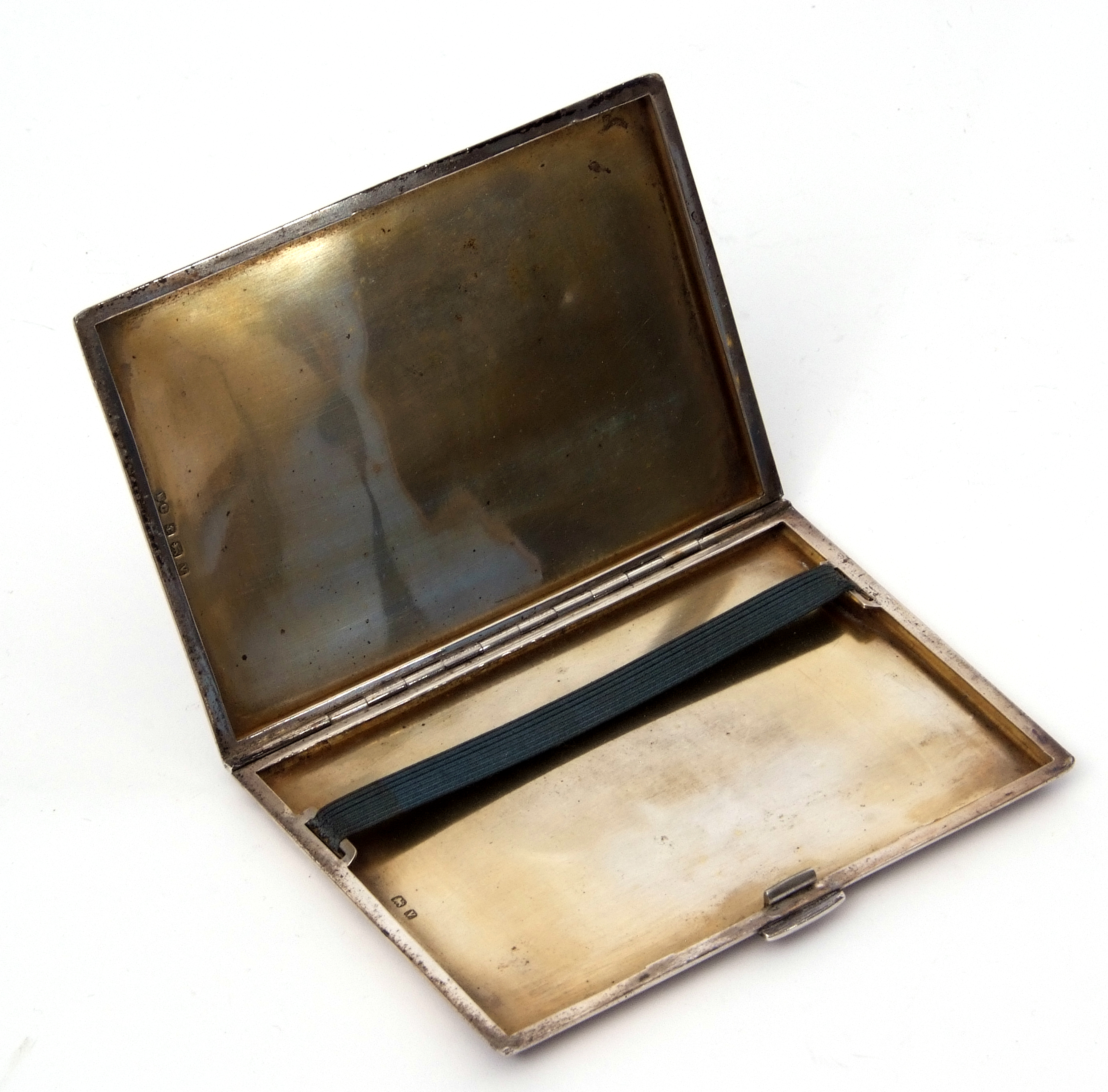 George VI cigarette case of rectangular shape with chamfered edges, banded engine turned decoration, - Image 2 of 2