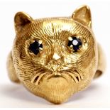 Antique yellow gold cat ring, the naturalistic cat's textured profile set with two small circular