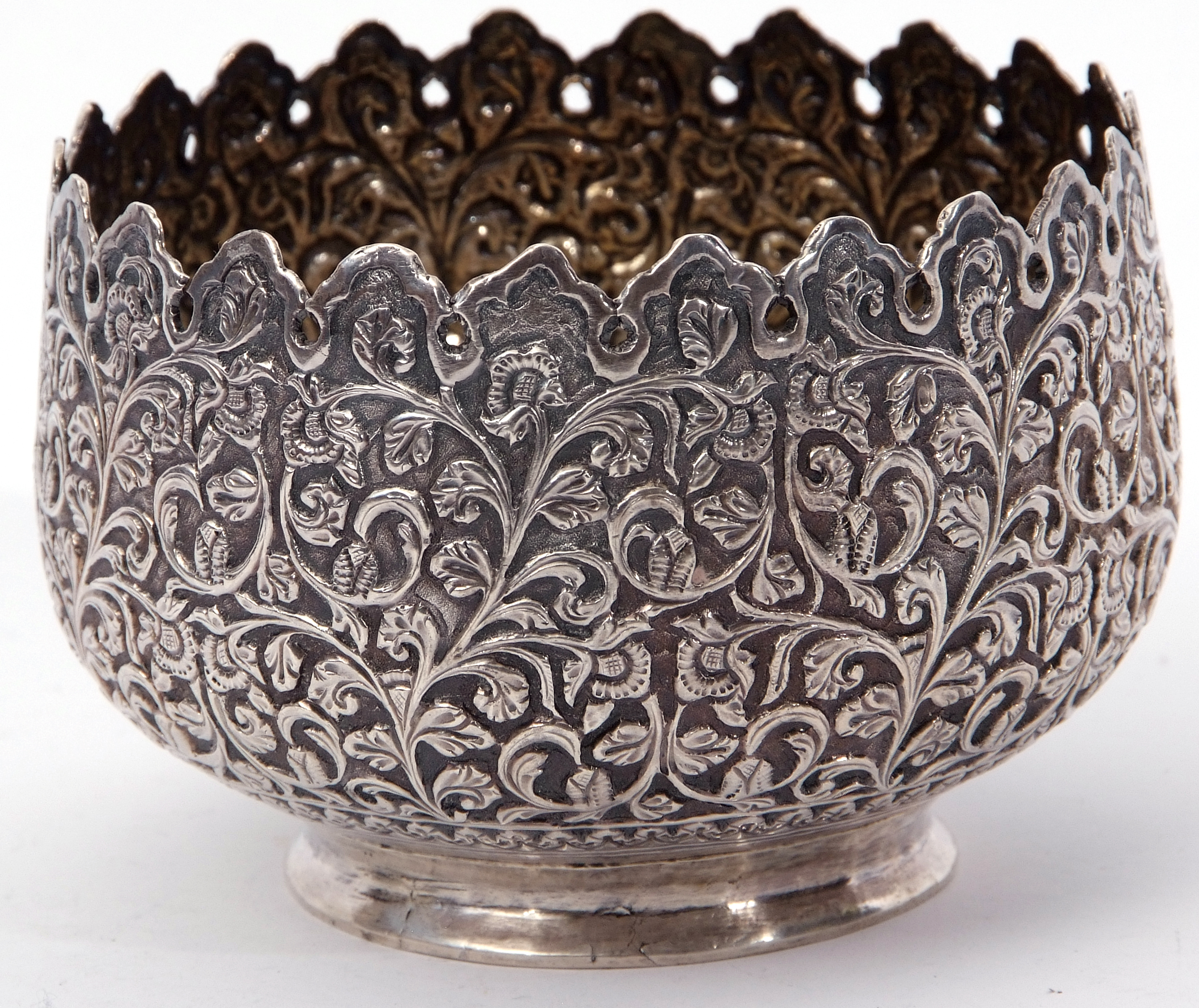 Indian white metal small jardiniere, pierced and embossed with floral and foliate design, plain - Image 2 of 3