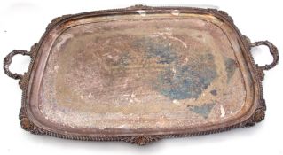 Large silver plated two-handled salver with central presentation inscription dated 1901, gadrooned