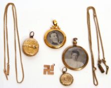 Mixed Lot: Victorian gold locket engraved with a buckle design (a/f), a 9ct framed double sided