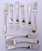 Mixed Lot: set of six George III table forks in Fiddle pattern, London 1805 by Peter & William