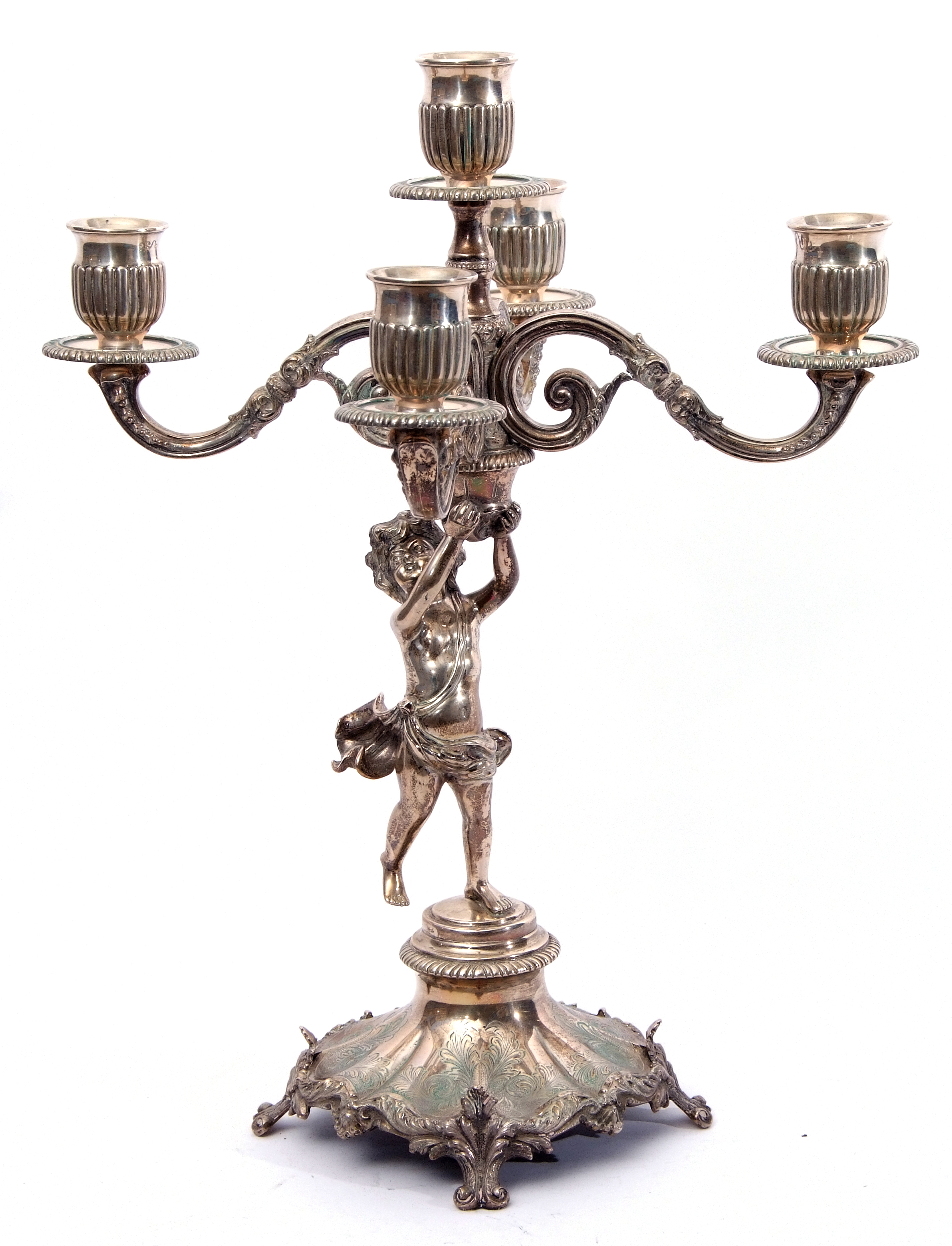 Late 19th/early 20th century silver plated four-branch candelabrum, fluted sconces joined by