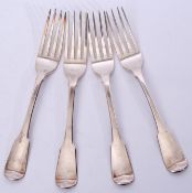 Heavy set of four George III table forks in Fiddle pattern, London 1817 by Solomon Haugham,