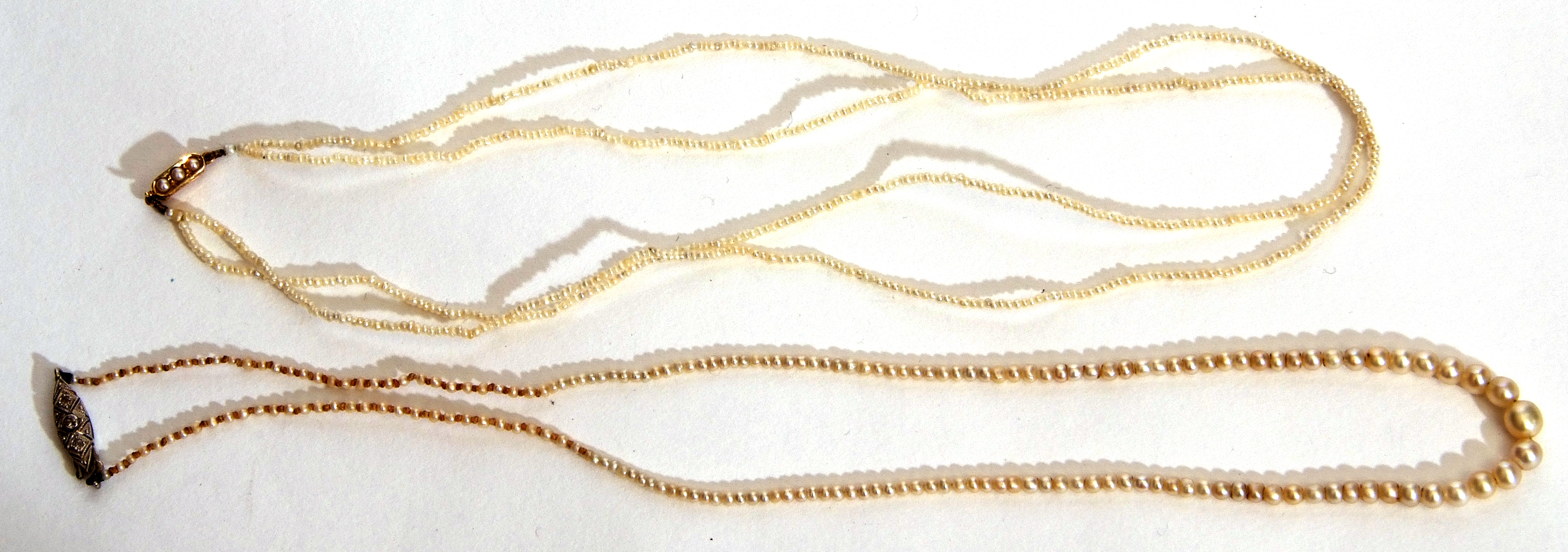 Mixed Lot: antique double row seed pearl necklace to a seed pearl and yellow metal box clasp,