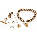 9ct gold curb link bracelet, safety chain and padlock clasp, together with a small quantity of 9ct