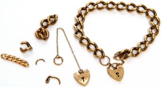 9ct gold curb link bracelet, safety chain and padlock clasp, together with a small quantity of 9ct