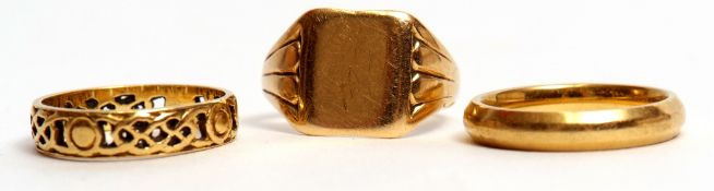 Mixed Lot: 18ct gold wedding ring of plain polished design, an 18ct gold pierced Celtic design ring,