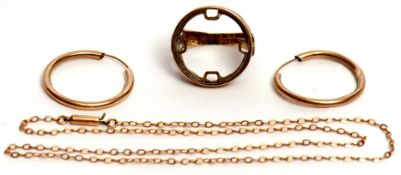 Mixed Lot: 9ct gold coin ring mount (mount only), pair of hoop earrings stamped 375, together with a