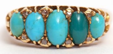 Early 20th century turquoise and diamond ring, a row of five oval cabochon graduated turquoise