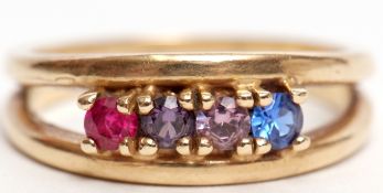 Yellow metal dress ring, the split polished shank set with 4 small precious gemstones, size P (