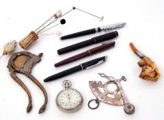 Tray including Victorian Meerschaum pipe, a hand holding a cracked egg and chick (cased) (a/f), a