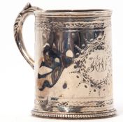 Victorian christening mug of plain cylindrical form with beaded foot, limited bright cut