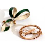 Mixed Lot: precious metal and enamel set diamond ribbon brooch, the central small old cut diamond in